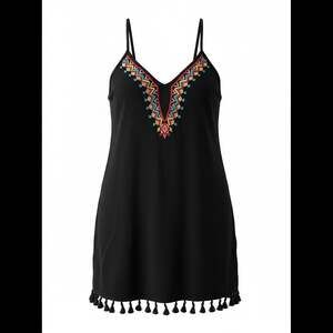 Francesca's Black Boho Embroidered Tassel Mini Dress Cover-Up